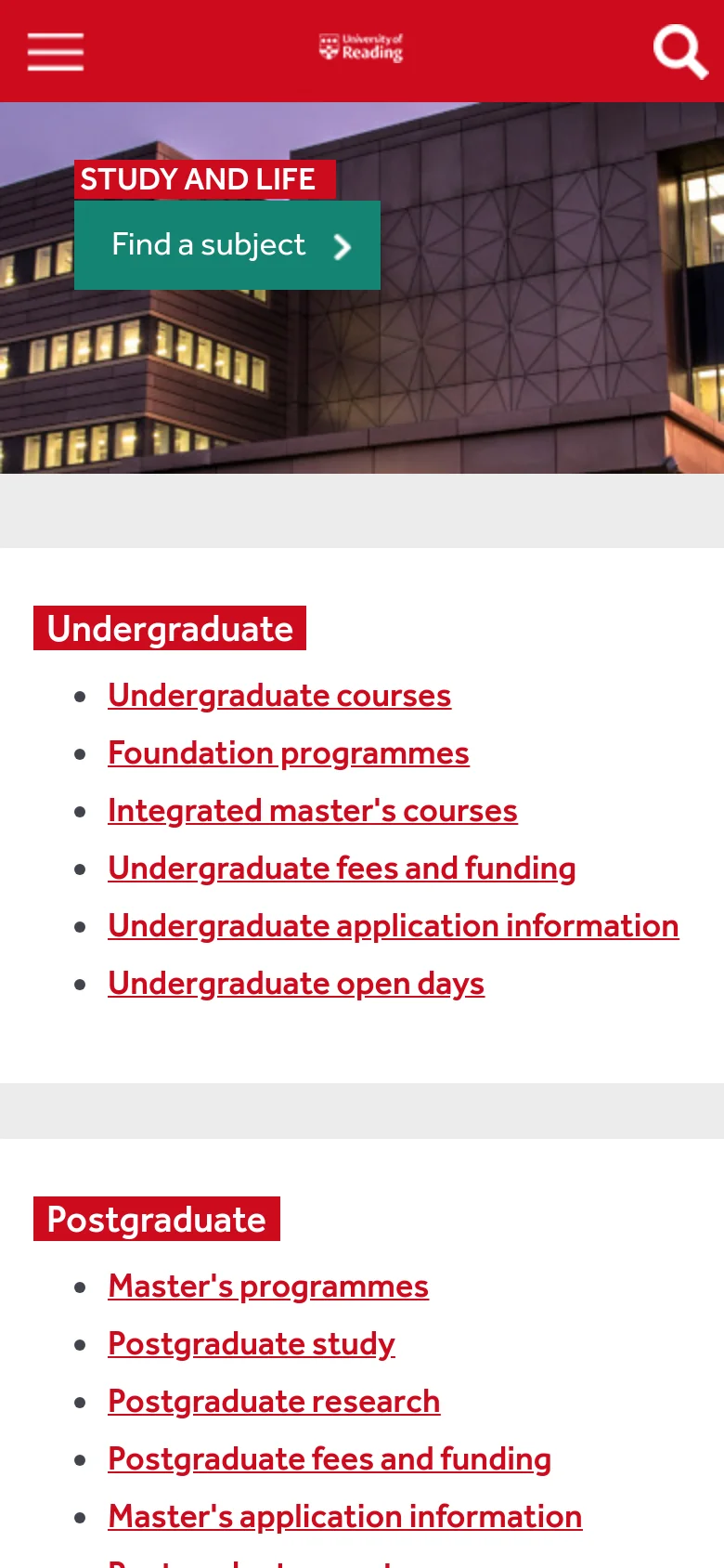 The mobile version displays a condensed view with a hamburger menu icon and a search icon at the top. The hero section shows the building image with the 'STUDY AND LIFE' heading and teal 'Find a subject' button stacked vertically. The content below follows a single-column layout, presenting the 'Undergraduate' and 'Postgraduate' link lists sequentially on a white background.