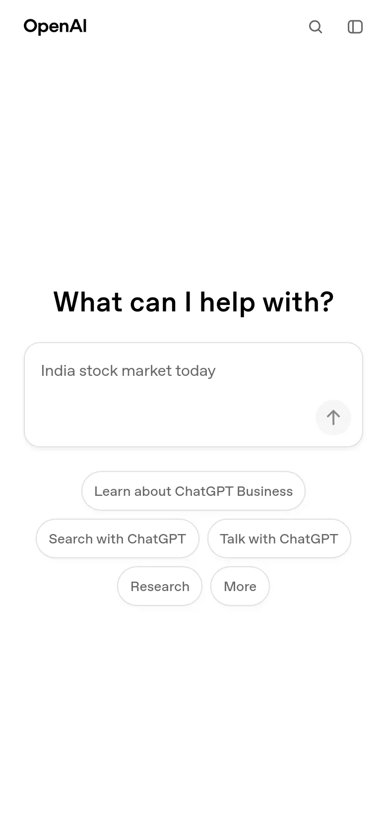 The mobile version presents a simplified layout with the OpenAI logo and search icon at the top. The central 'What can I help with?' headline and search bar remain prominent, but the navigation links are hidden, and the action buttons are stacked vertically in a single column for easier tapping.