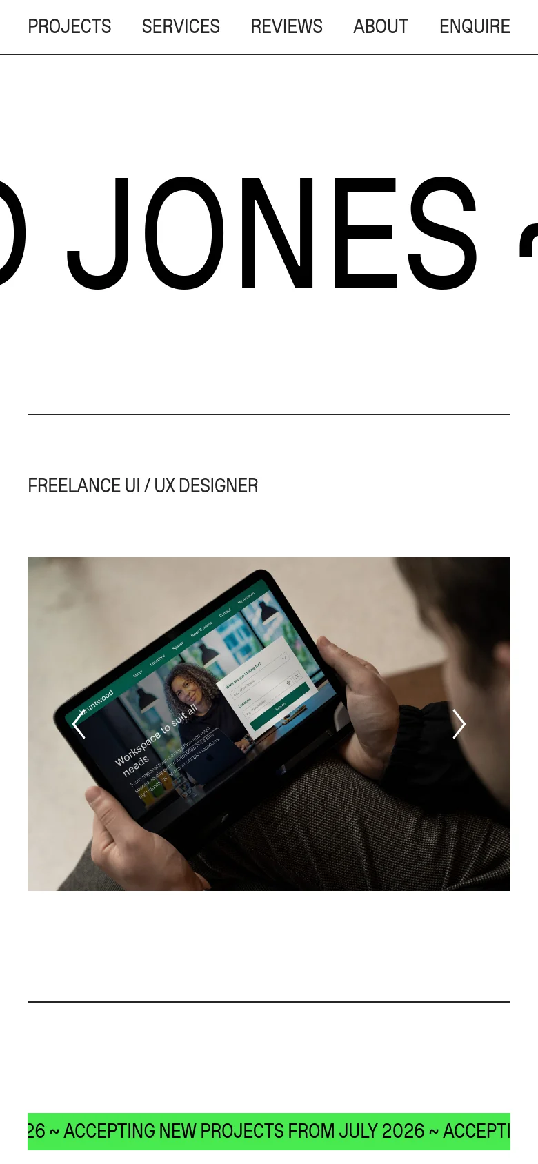 The mobile version maintains the minimalist black-on-white aesthetic but uses a stacked single-column layout. The large hero text and navigation links are scaled for vertical scrolling, and the hero image is centered to fit the narrower screen width.