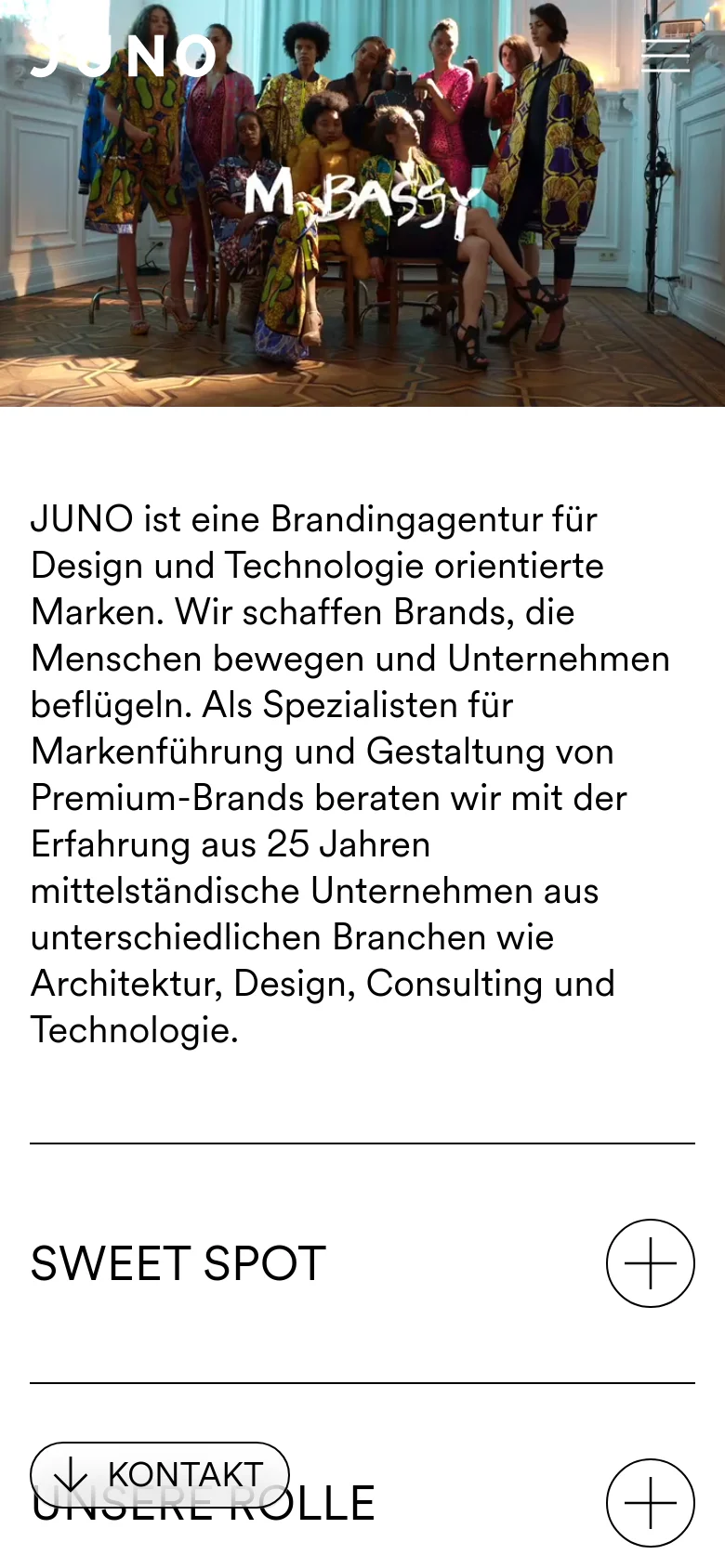 The mobile version maintains the colorful hero image at the top but scales the text and layout for a narrow screen. The main body text is stacked vertically, and the expandable menu items like 'SWEET SPOT' and 'UNSERE ROLLE' are presented as full-width rows with large plus icons on the right, optimized for touch interaction.
