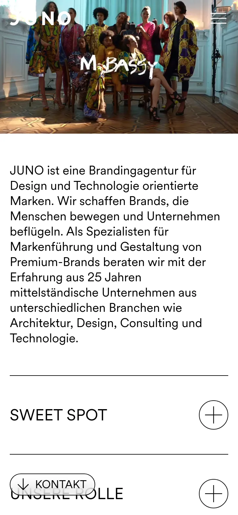 The mobile version maintains the colorful hero image at the top but scales the text and layout for a narrow screen. The main body text is stacked vertically, and the expandable menu items like 'SWEET SPOT' and 'UNSERE ROLLE' are presented as full-width rows with large plus icons on the right, optimized for touch interaction.