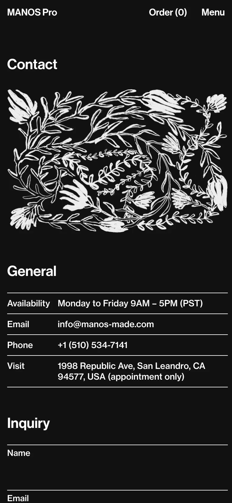 The mobile version uses a vertical layout with the 'Contact' headline at the top, followed by a wide botanical illustration. Contact details and the inquiry form are stacked vertically below the image, maintaining the black background and white text.