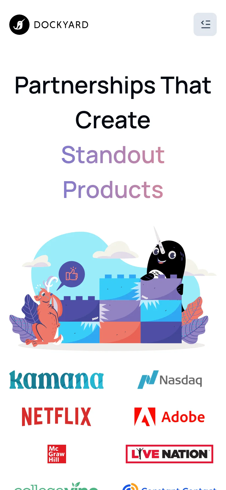 The mobile version maintains the same color scheme and content but uses a vertical layout. The headline is stacked into multiple lines to fit the narrow screen, and the hero illustration is scaled down to fit the width of the device above the client logos.