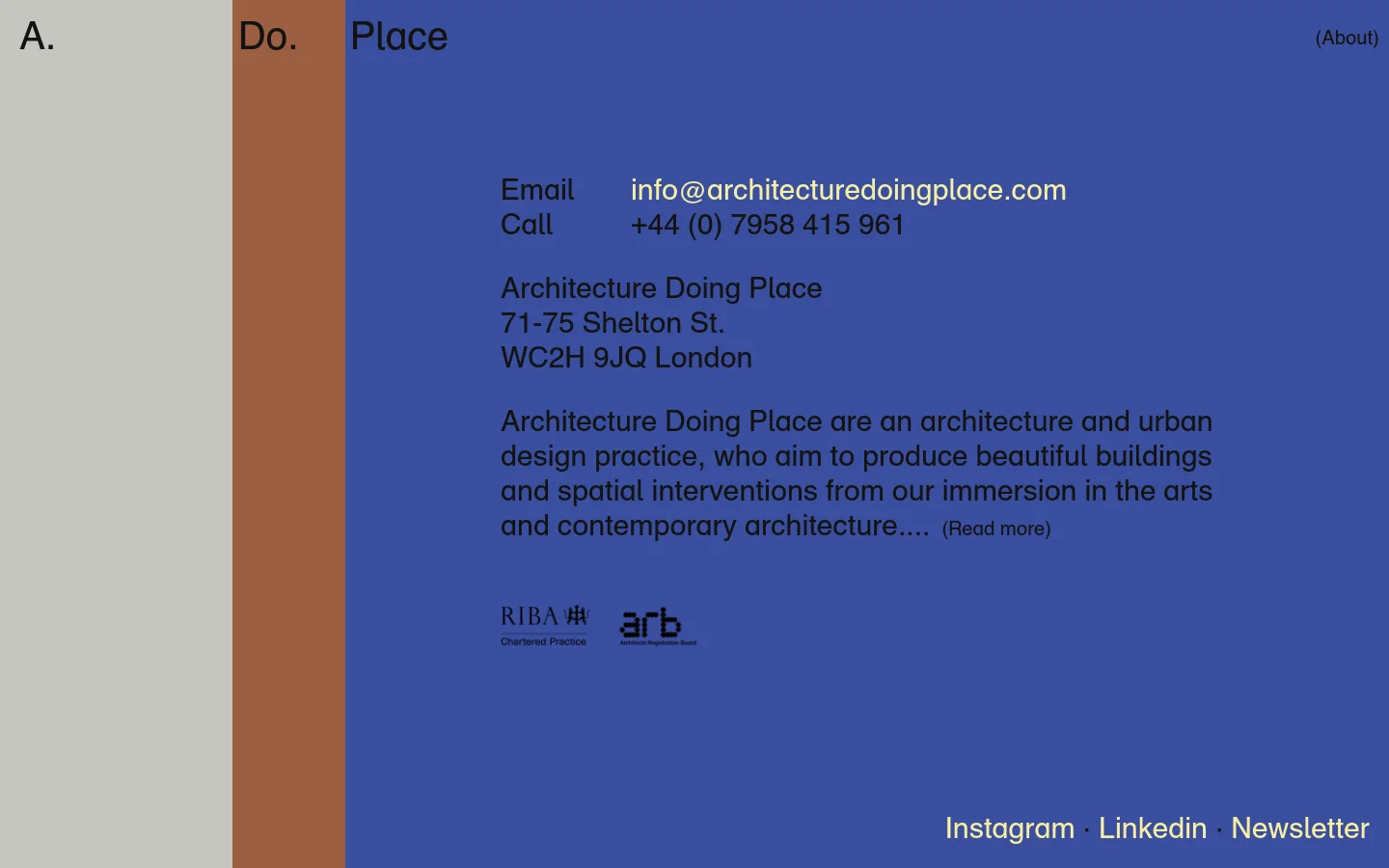 The desktop About page features a minimalist layout with three vertical color blocks on the left: light grey, terracotta, and blue. The blue section contains the company's contact information, address, mission statement, and professional accreditation logos for RIBA and ARB against a dark blue background.