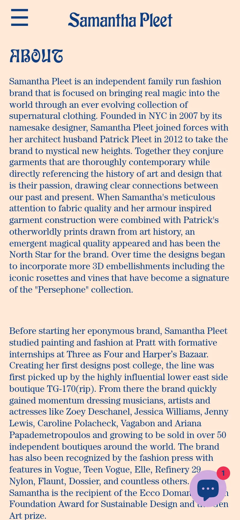The mobile version presents a single-column vertical layout optimized for small screens. The 'ABOUT' heading and text blocks are stacked vertically, and the navigation menu is condensed into a hamburger icon at the top left. The landscape photograph is positioned between text sections, and a chat bubble icon appears in the bottom right corner.