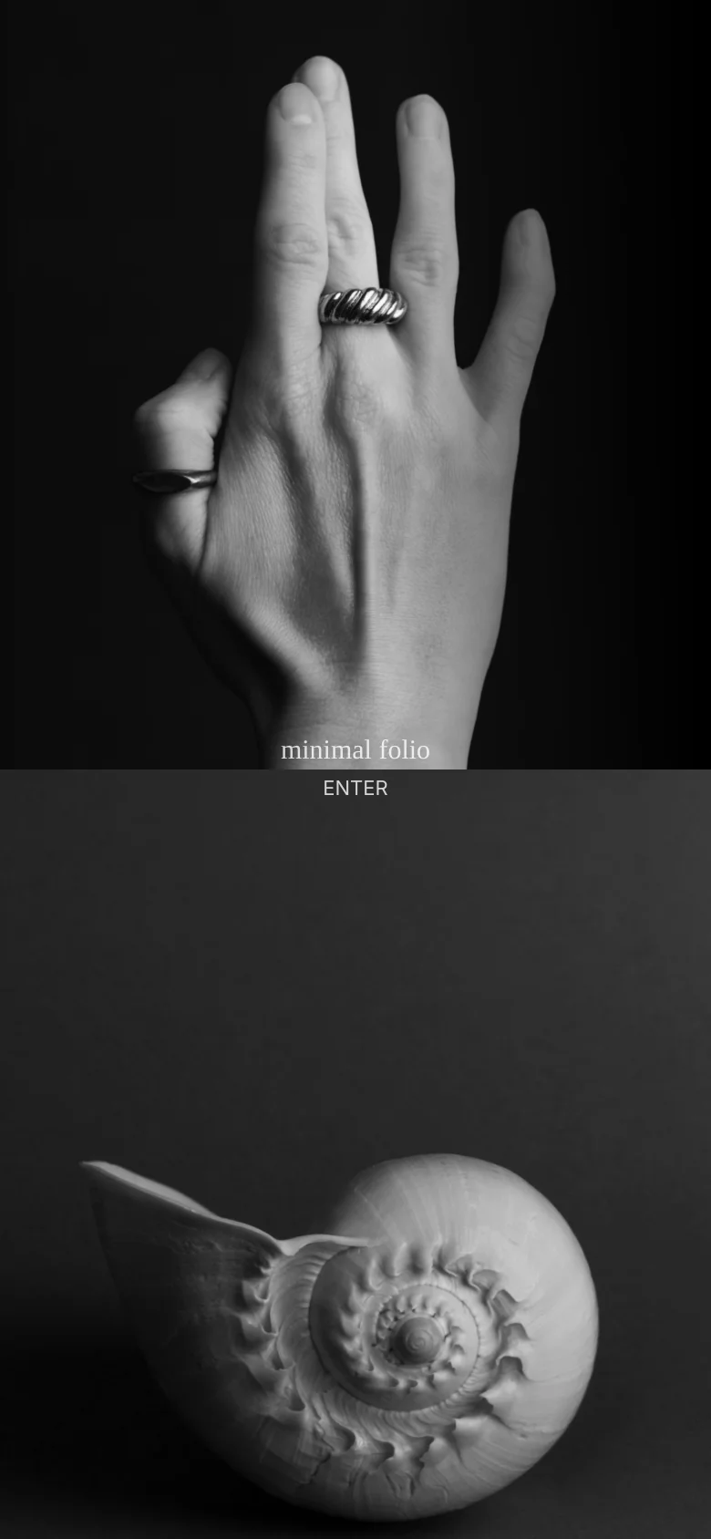 The mobile version presents the same black and white imagery of the hand and seashell, but the layout is vertically stacked. The 'minimal folio' text and 'ENTER' button are positioned centrally between the two main visual elements.