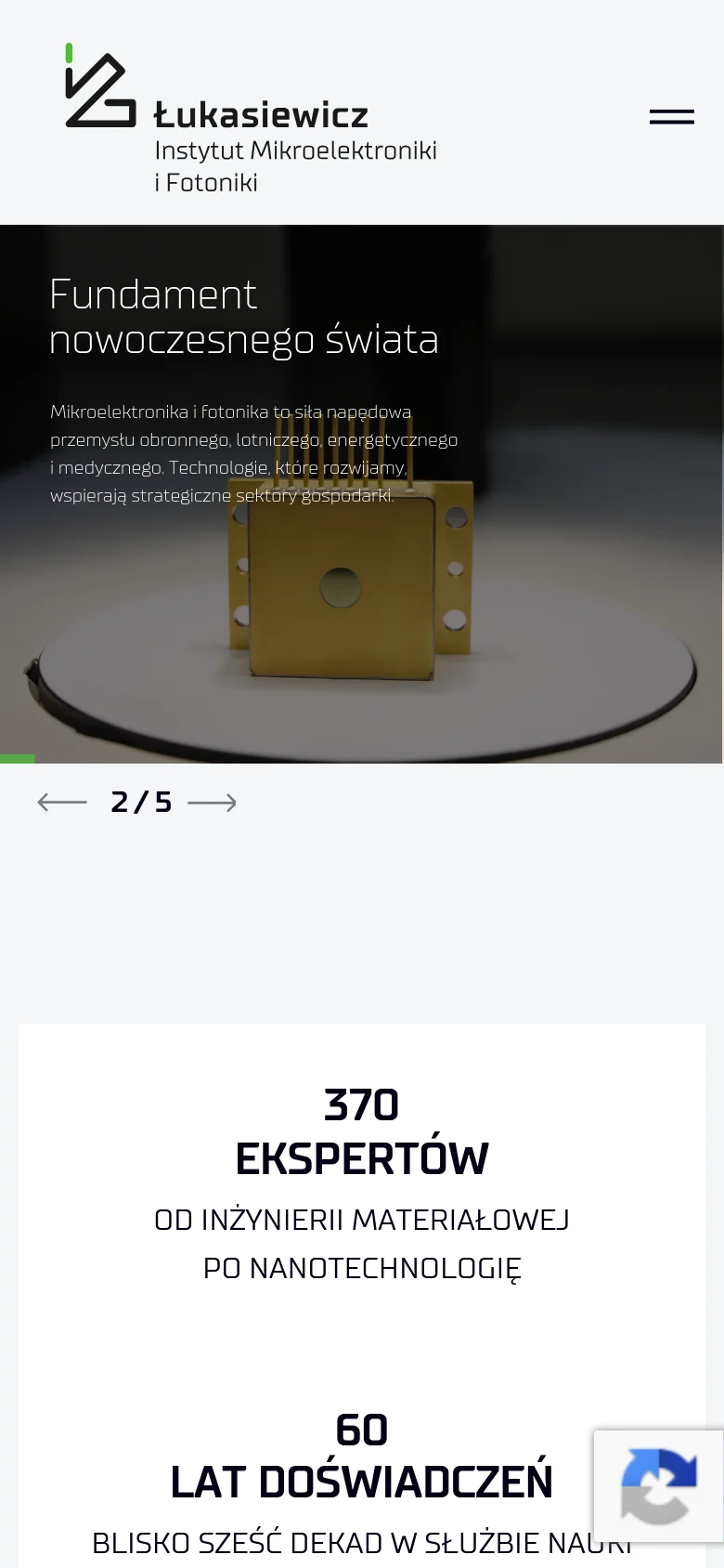 The mobile version uses a simplified vertical layout with a condensed header featuring a hamburger menu icon and the institute logo. The hero section shows a single large image of a microchip with centered text, and the statistics section is reorganized into a vertical stack of large numbers and descriptions for easier scrolling.
