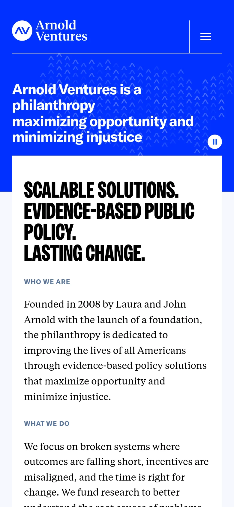 The mobile version maintains the blue hero section with white text and chevron patterns but uses a condensed layout with a hamburger menu icon for navigation. The large headline and subsequent white content sections are stacked vertically to fit the narrow screen, ensuring readability of the mission statement and organizational details.