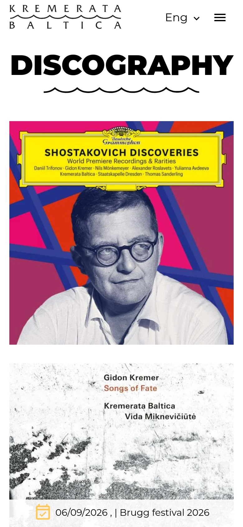 The mobile version maintains the large 'DISCOGRAPHY' heading but transitions the album grid into a single-column vertical stack. The navigation menu is condensed into a hamburger icon, and the album covers occupy the full width of the screen.