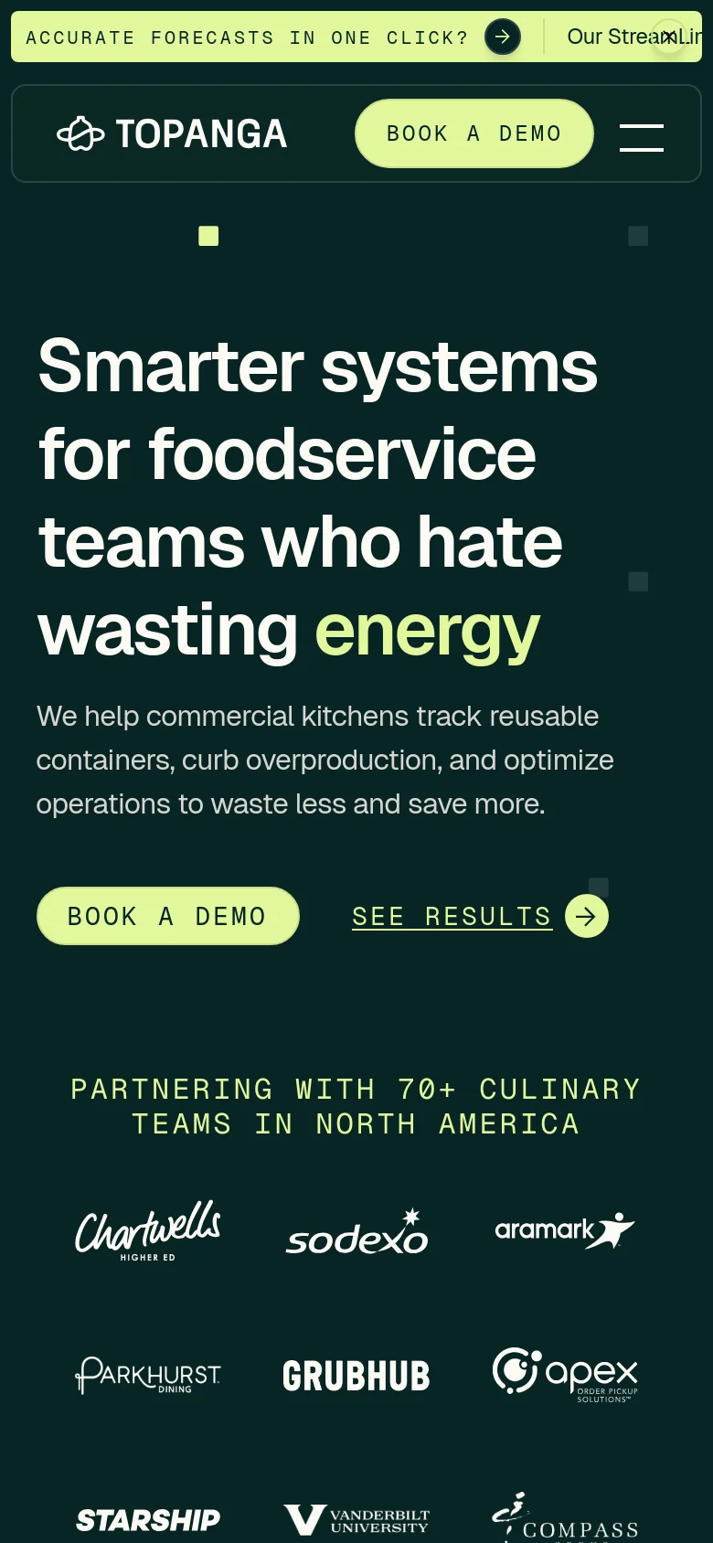 Mobile version of the Topanga homepage with a vertically stacked layout on a dark green background. The hero headline 'Smarter systems for foodservice teams who hate wasting energy' is centered above the 'Book a Demo' and 'See Results' buttons. The client logo section follows, with logos like Chartwells, Sodexo, and Aramark arranged in a multi-row grid optimized for a narrow screen.