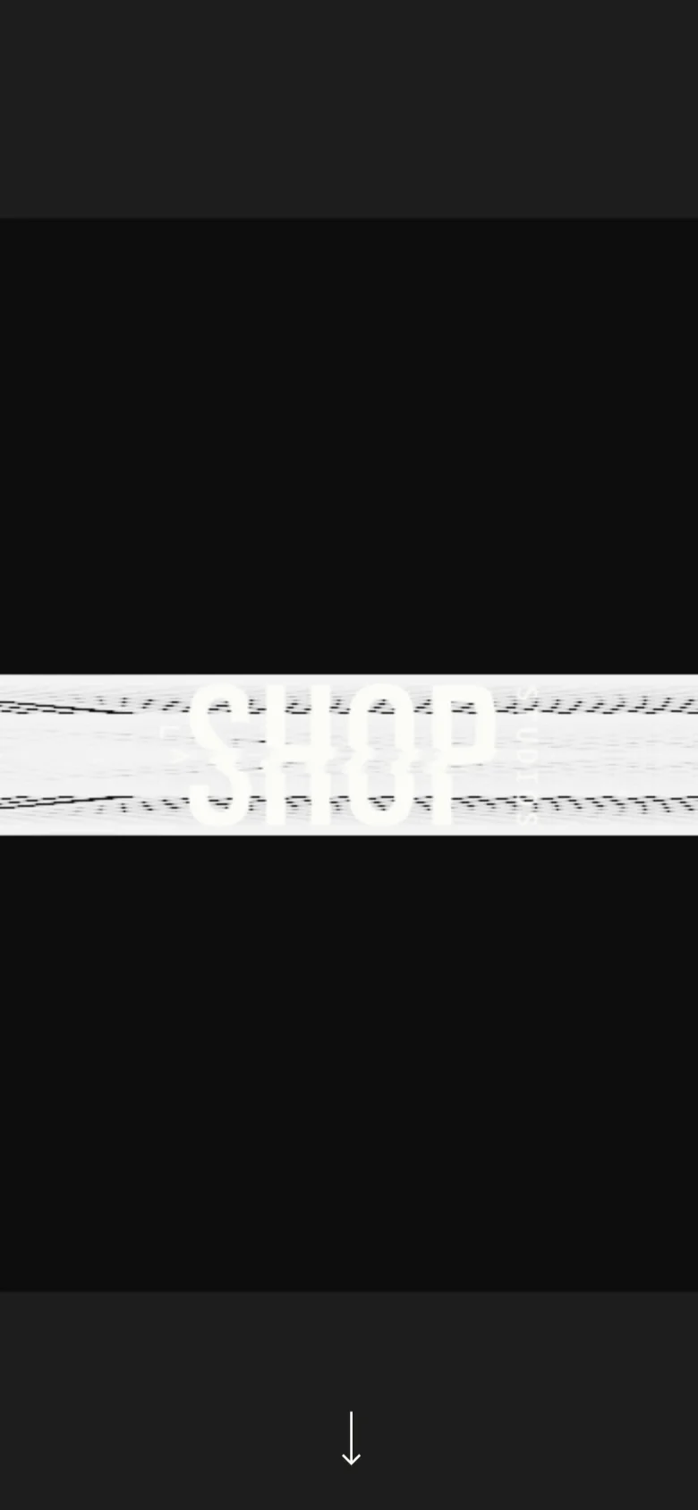 The mobile version maintains the dark, minimalist aesthetic but scales the central graphic and text to fit a vertical aspect ratio. The 'SHOP STUDIOS' text and textured white band appear more compressed, and the headphone icon and navigation arrow are centered vertically within the narrower viewport.