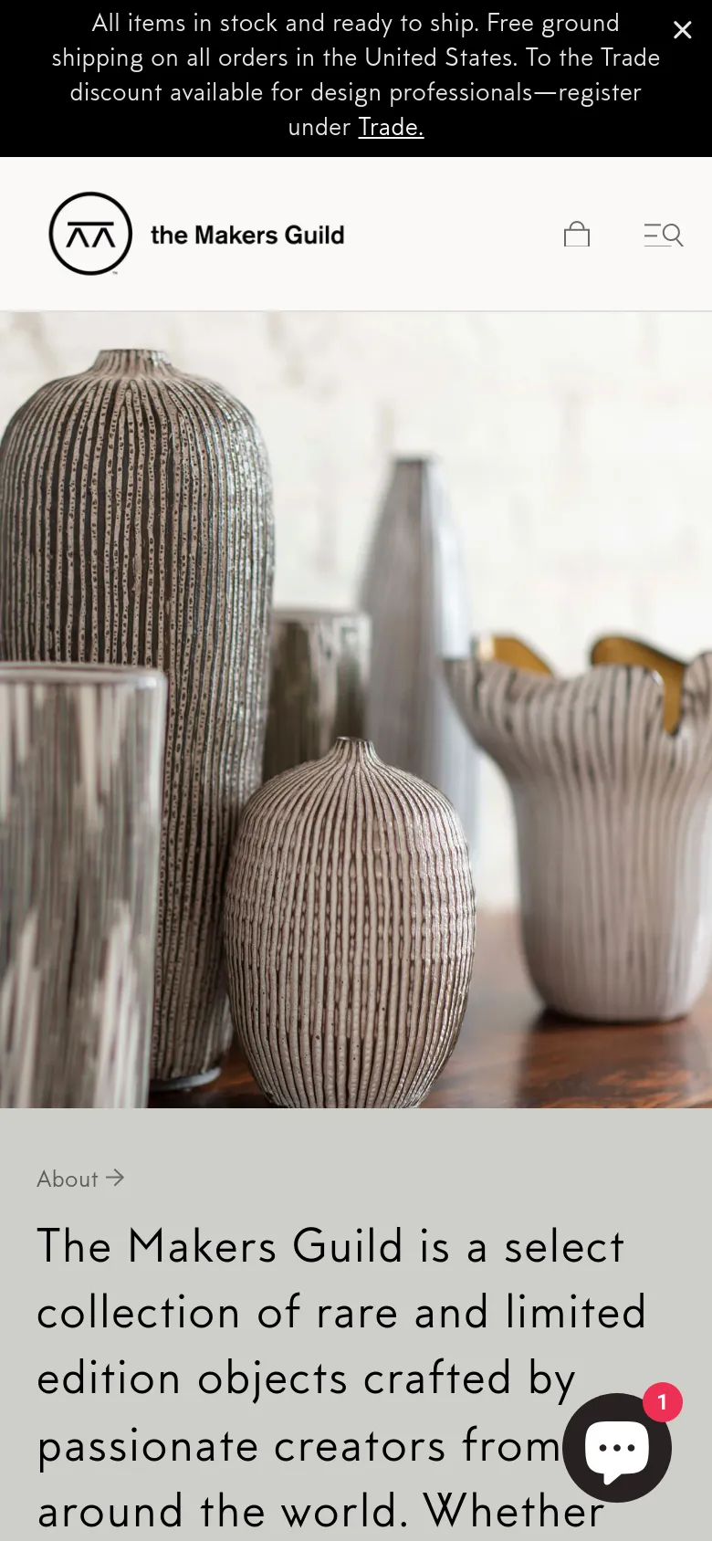 The mobile version presents a stacked layout, starting with the black announcement bar followed by a navigation header with the logo and cart icon. Below the header, the ceramic vase hero image spans the width of the screen, with the 'About' headline and text content positioned underneath on a white background.