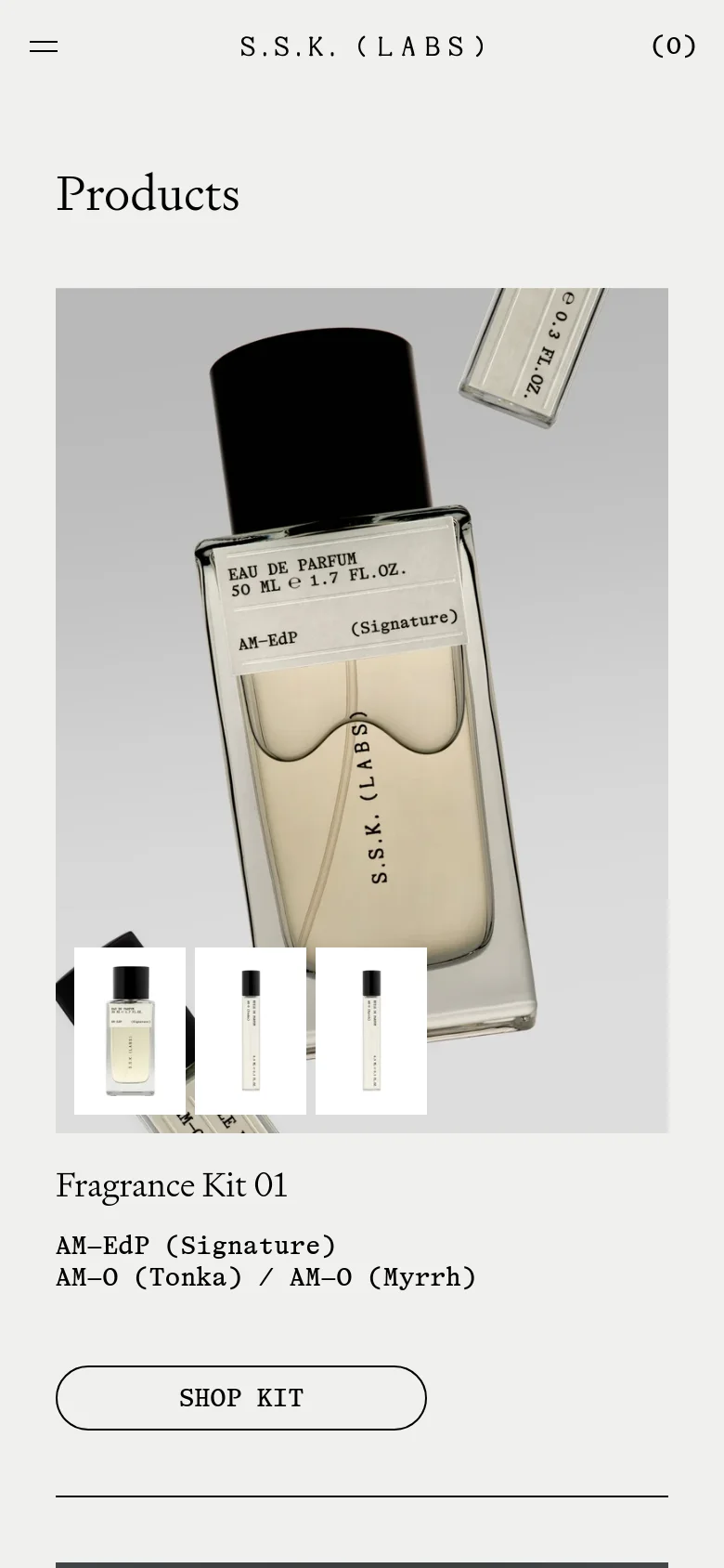 The mobile version simplifies the layout into a single-column vertical scroll, focusing on large product imagery. The header contains a hamburger menu icon, the brand name 'S.S.K. (LABS)', and a cart indicator. The 'Products' section shows the Fragrance Kit 01 with its main image, small thumbnail previews below it, product description, and a prominent 'SHOP KIT' button.