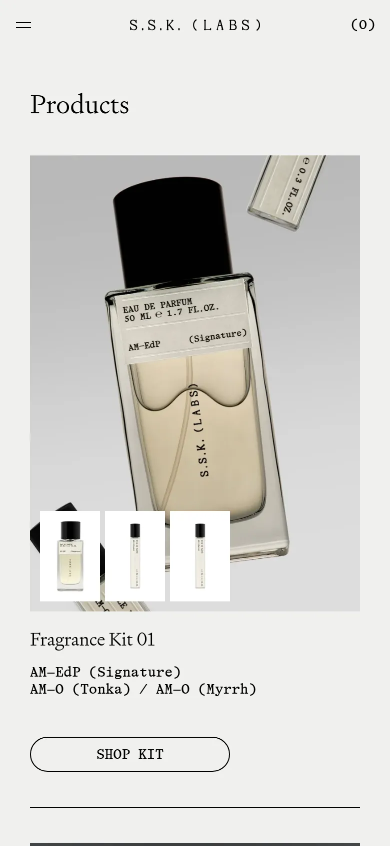 The mobile version simplifies the layout into a single-column vertical scroll, focusing on large product imagery. The header contains a hamburger menu icon, the brand name 'S.S.K. (LABS)', and a cart indicator. The 'Products' section shows the Fragrance Kit 01 with its main image, small thumbnail previews below it, product description, and a prominent 'SHOP KIT' button.