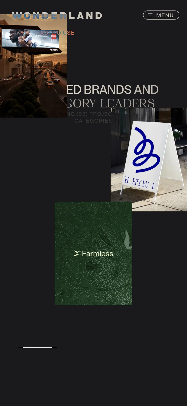 The mobile version maintains the dark aesthetic but optimizes the layout for vertical scrolling, stacking the project tiles into a single column. The large hero text is centered, and the navigation menu is condensed, focusing on a streamlined user experience for browsing the portfolio on smaller screens.
