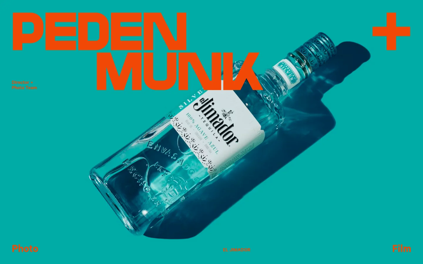 The desktop homepage features a large, high-contrast hero image of a clear tequila bottle against a vibrant teal background, with the brand name 'PEDEN MUNK' in large orange lettering. The layout includes navigation links for 'Photo' and 'Film' in the corners and a subtle project title 'EL JIMADOR' at the bottom. The design is minimalist and bold, utilizing a striking color palette of teal, orange, and white.