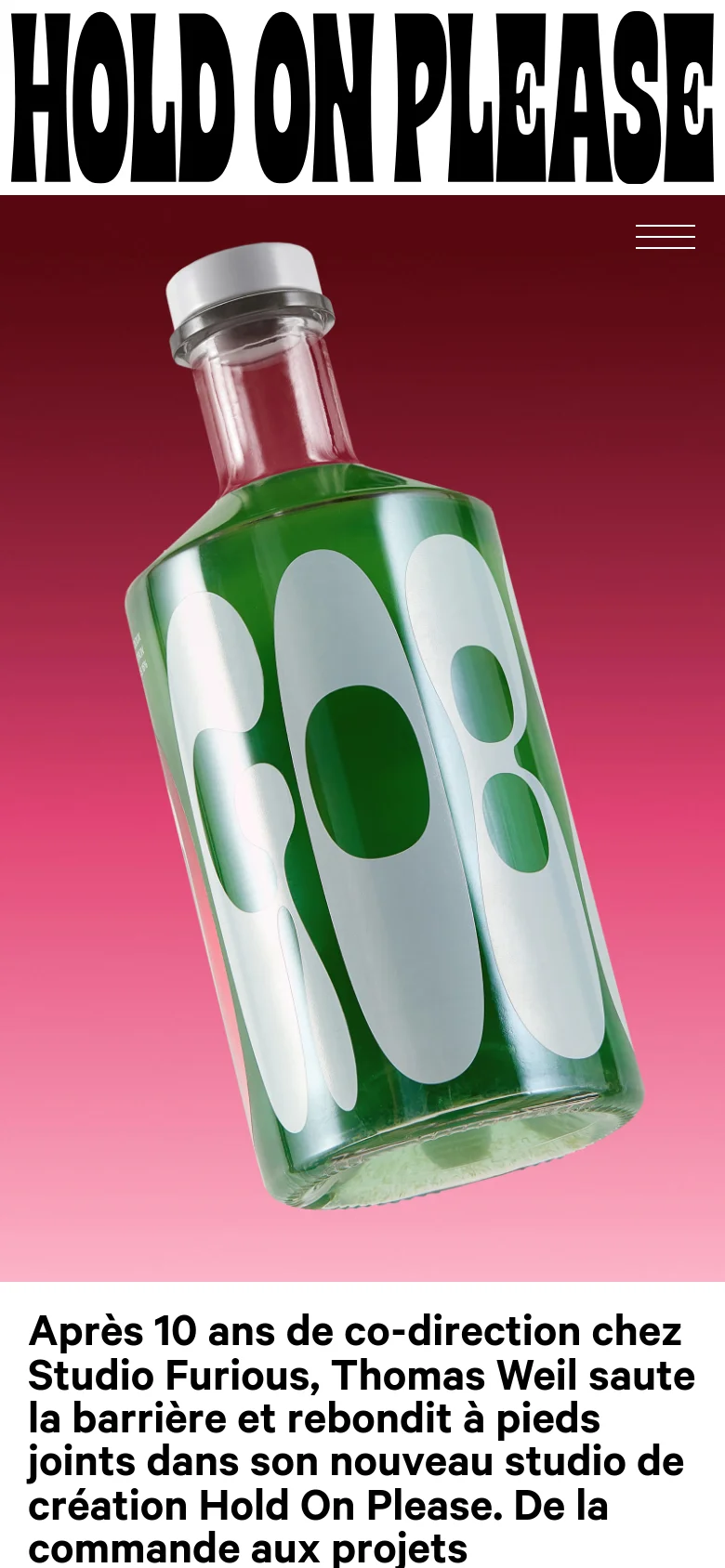 The mobile version presents a vertical, single-column layout optimized for scrolling. The large 'HOLD ON PLEASE' header sits above a full-width hero image of a green glass bottle, followed by a large block of black text on a white background.
