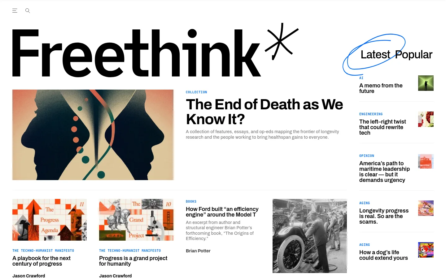 The Freethink homepage features a clean, white background with large black typography and a minimalist logo. A hero section displays a large stylized illustration of two profiles with a DNA helix, titled 'The End of Death as We Know It?'. Below, a grid of articles includes colorful abstract collages and a black-and-white historical photo, alongside a 'Latest Popular' sidebar on the right.