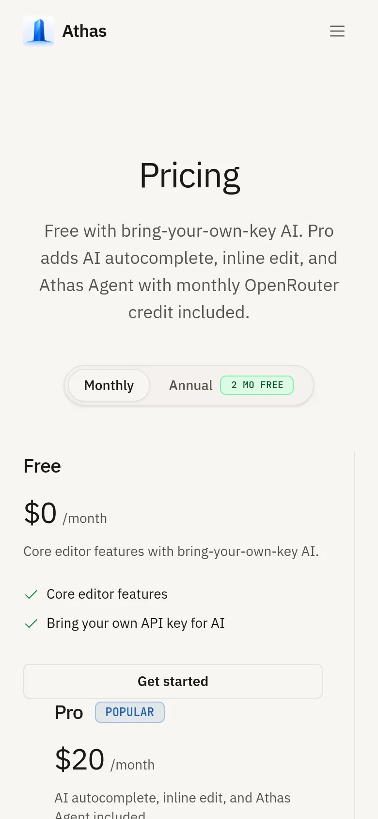 The mobile version simplifies the layout by stacking the pricing cards vertically instead of horizontally. The header and billing toggle remain at the top, but the content flows in a single column to accommodate the narrower screen width.
