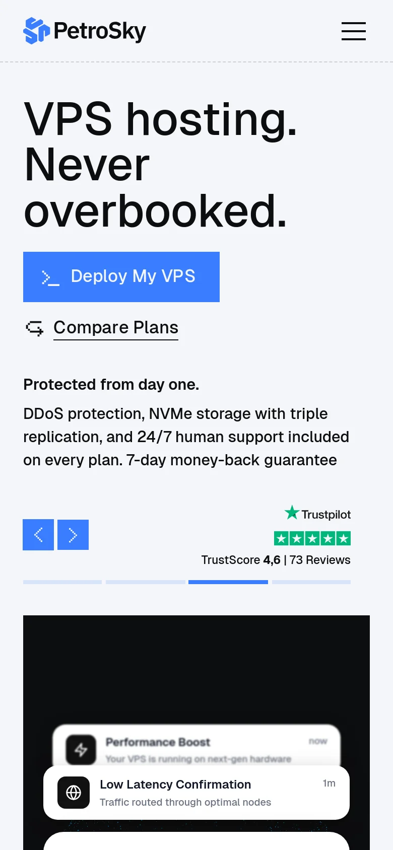 The mobile version presents a vertically stacked layout with the headline 'VPS hosting. Never overbooked.' at the top, followed by prominent blue and white call-to-action buttons. The navigation is condensed into a hamburger menu icon in the top right, and the performance dashboard graphic is positioned below the text and Trustpilot rating.