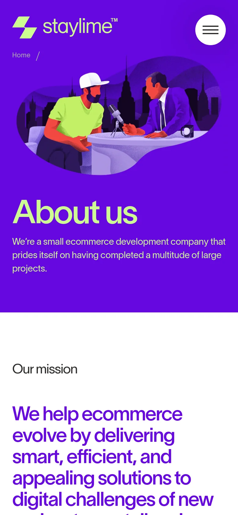 The mobile version maintains the purple hero section and stylized illustration but uses a condensed layout. The headline 'About us' and description are centered below the illustration, and the top navigation is replaced by a hamburger menu icon on the right.