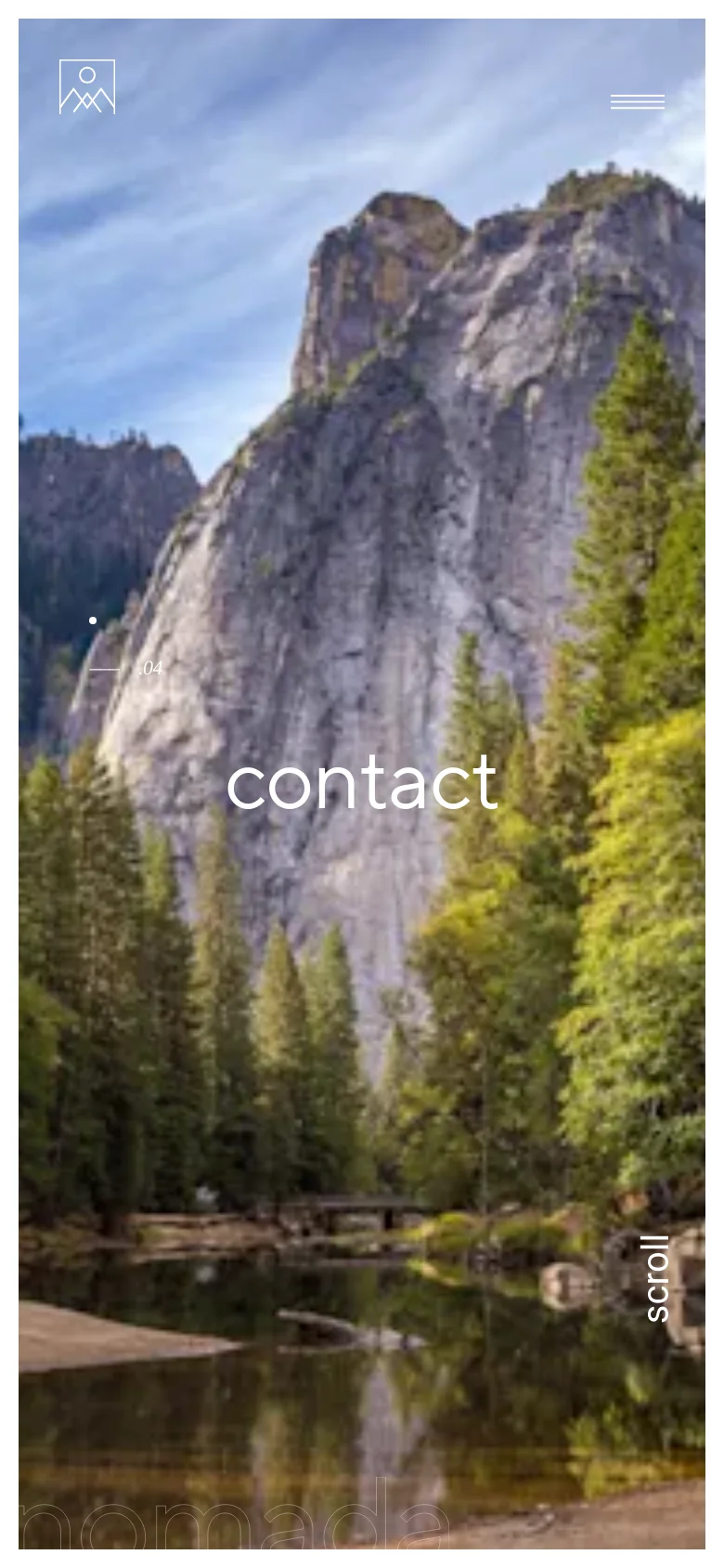 The mobile version displays the same mountain landscape hero image but with a condensed layout. The navigation is replaced by a hamburger menu icon in the top right, and the large 'contact' headline is centered vertically within the frame.