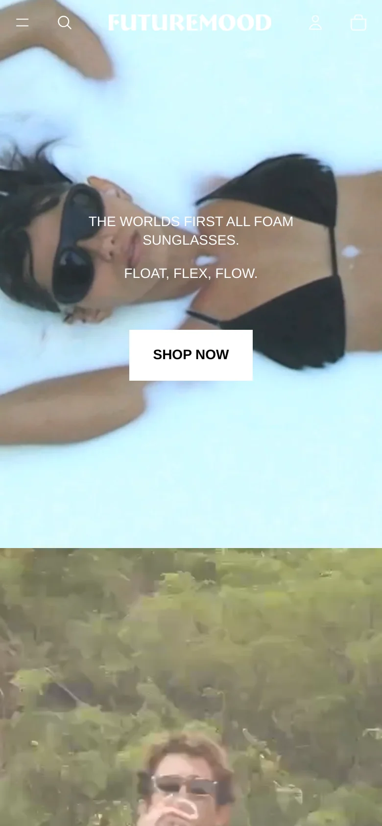 The mobile version presents a vertically stacked layout with the same hero imagery of a woman floating in foam. The headline and 'SHOP NOW' button are centered over the image, and the top navigation is condensed, focusing on the brand logo and essential icons like search and the shopping bag.