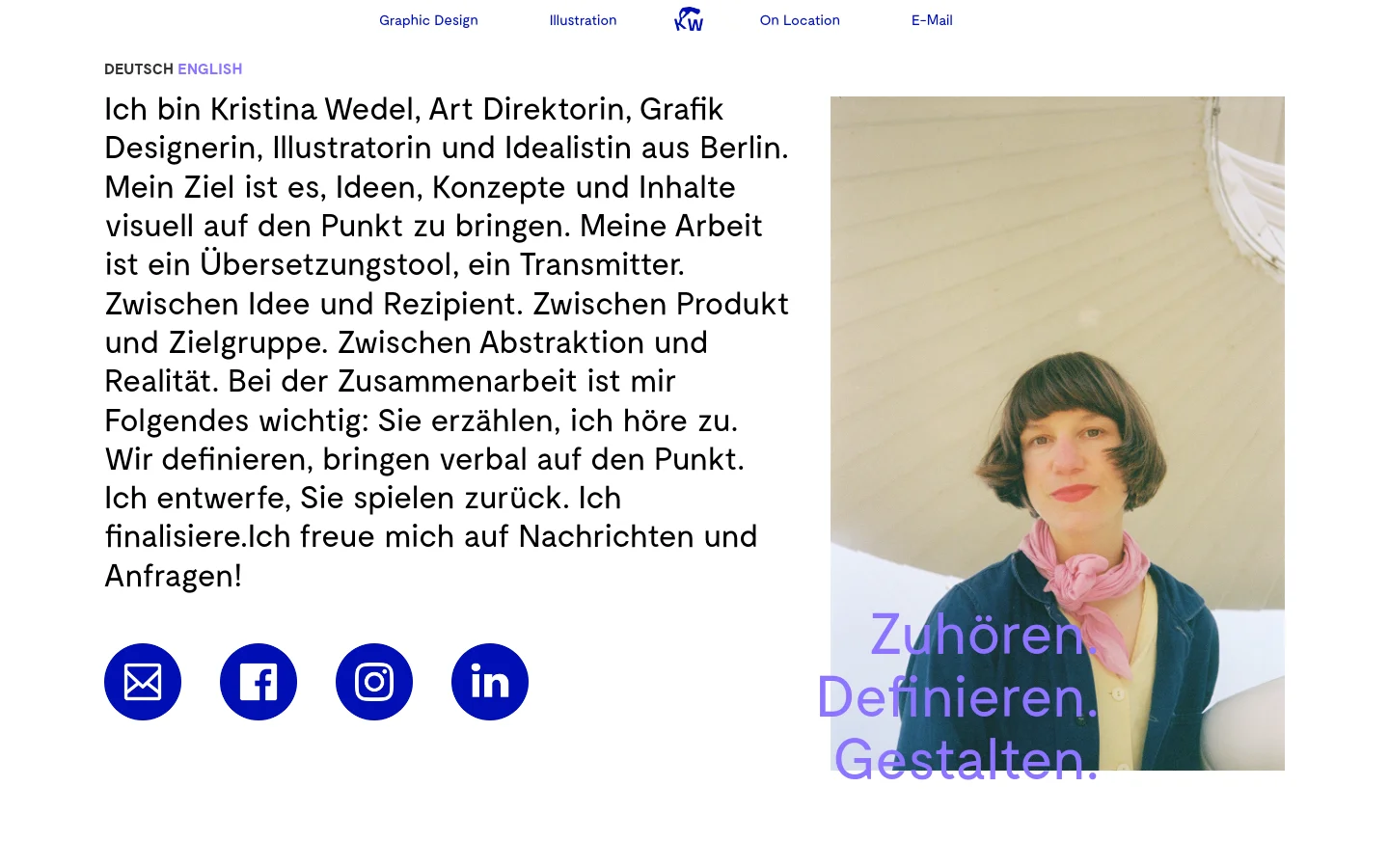 The desktop page features a minimalist layout with a white background and blue accents. A large text block introduces Kristina Wedel, positioned to the left of a vertical portrait photo of a woman with dark hair and a pink scarf. Below the text, four large blue circular social media icons are arranged in a row.