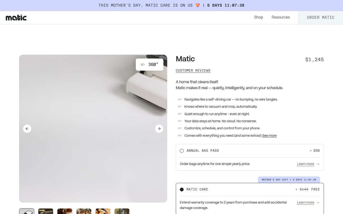 The desktop product page for Matic features a clean, white aesthetic with a large 360-degree interactive product image on the left. To the right, the product name, price of $1,245, and a list of key features are displayed alongside a customer review quote from Gizmodo. A top navigation bar includes links for Shop, Resources, and an 'ORDER MATIC' call to action.