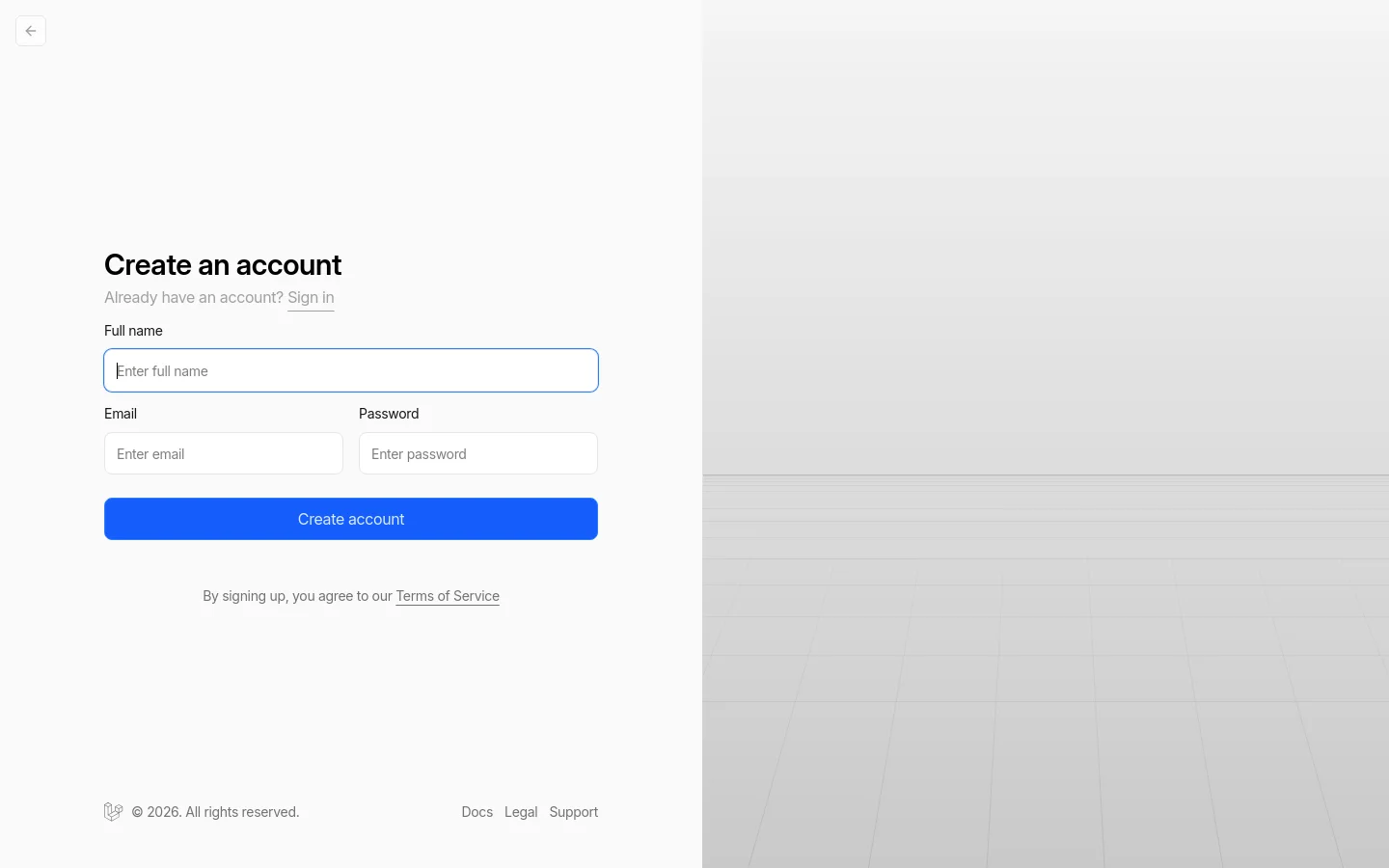 A desktop sign-up page with a clean, minimalist white and light gray layout. The left side contains a 'Create an account' form with fields for Full name, Email, and Password, a blue 'Create account' button, and a link to sign in. The right side features a large, abstract light gray geometric background.