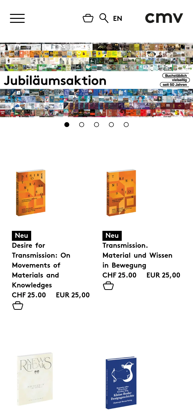 The mobile version simplifies the layout, replacing the top horizontal navigation with a hamburger menu icon and centering the logo and search/cart icons. The hero banner with the book collage and 'Jubiläumsaktion' headline is scaled down to fit the narrow screen, and the featured book products are arranged in a single-column vertical stack.