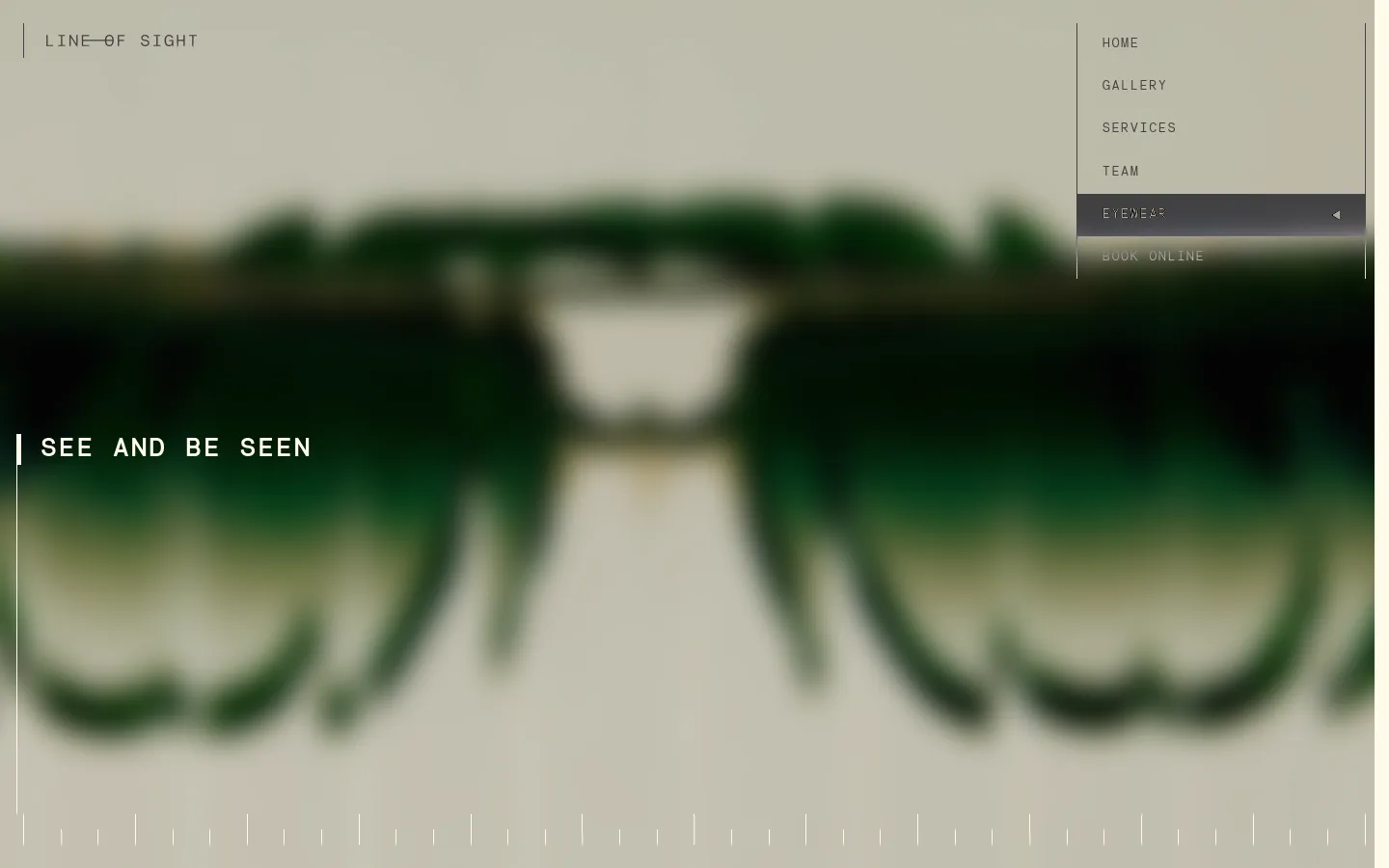 The desktop page features a minimalist design with a large, blurred hero image of green textures and the headline 'SEE AND BE SEEN'. A navigation menu is positioned on the right side against a neutral beige background, and the brand name 'LINE OF SIGHT' is in the top left corner.