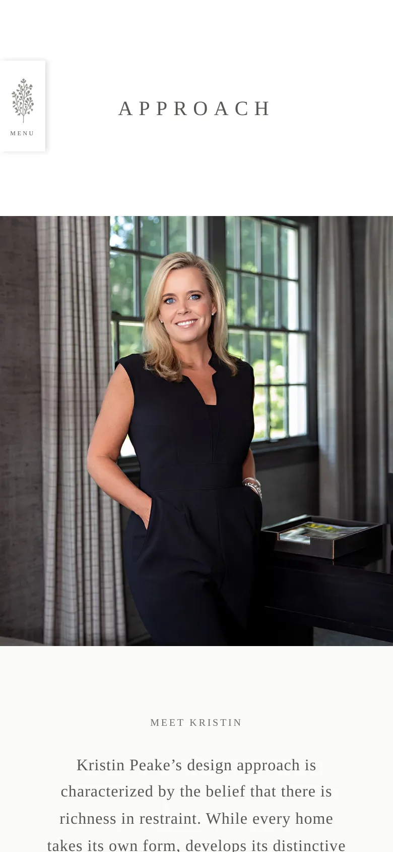 The mobile version stacks the content vertically, beginning with the 'APPROACH' title and a menu icon, followed by the full-width portrait of Kristin Peake. Below the image, the 'Meet Kristin' text section follows on a light cream background, maintaining the minimalist aesthetic in a single-column format.