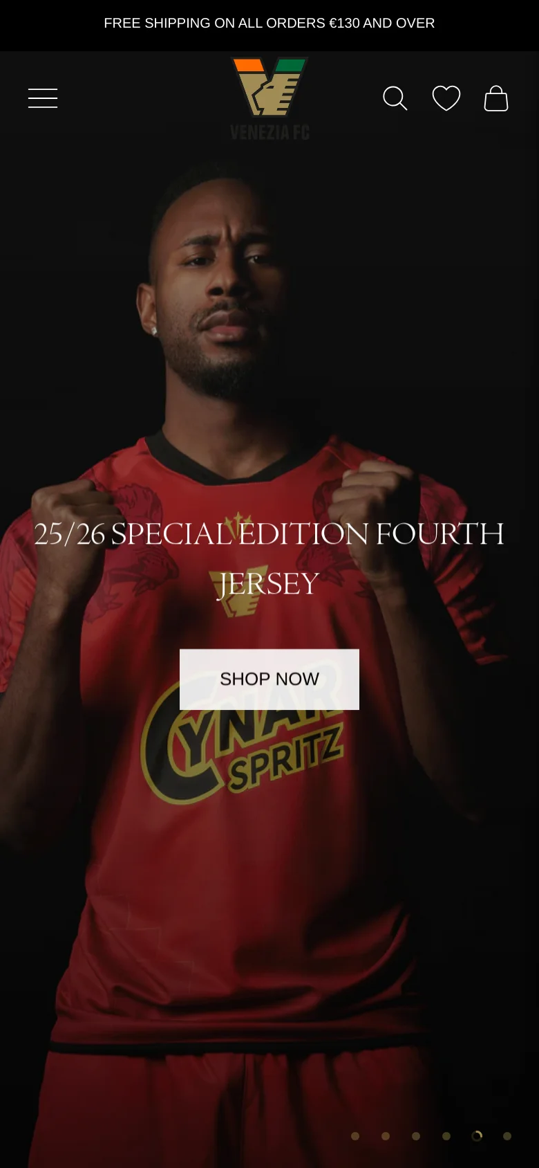 The mobile version presents a streamlined, vertical layout starting with a hamburger menu, the Venezia FC logo, and icons for search, favorites, and the cart. The hero section features a portrait-oriented image of a player wearing the red 25/26 Special Edition Fourth Jersey with a prominent 'Shop Now' button centered on the screen.