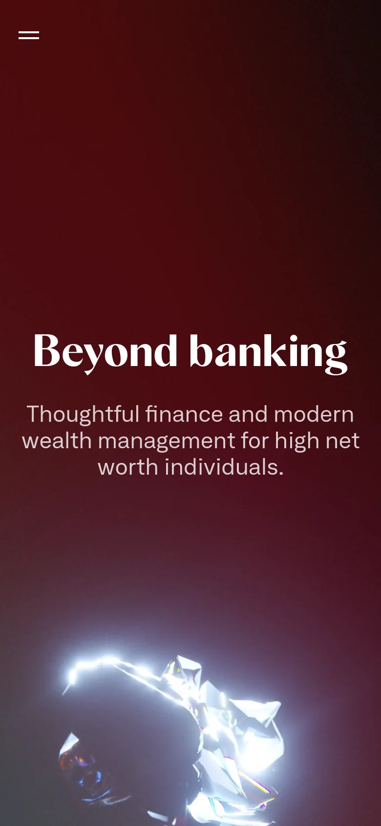 The mobile version maintains the dark red and black gradient theme and the central white serif headline 'Beyond banking'. The layout is vertically stacked, featuring a hamburger menu icon in the top left and the glowing crystalline graphic at the bottom of the screen.