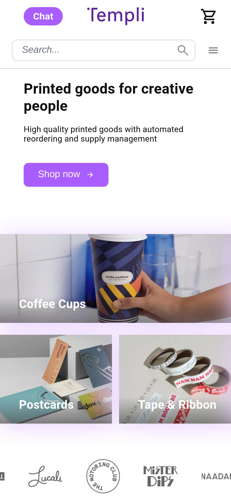 Mobile version of the homepage with a stacked layout. The hero section features the headline and a large purple 'Shop now' button centered on the screen. Below, product categories like Coffee Cups, Postcards, and Tape & Ribbon are displayed as large, full-width image blocks, followed by a horizontal scrolling marquee of client logos.
