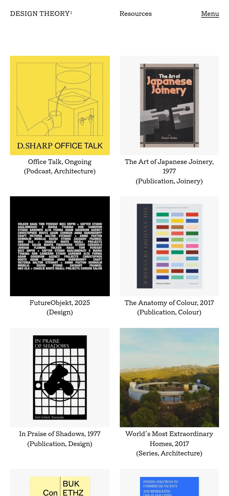 Design Theory resources page with a single-column stacked layout. Project tiles for Office Talk and The Art of Japanese Joinery appear in a vertical list, maintaining the minimalist black and white editorial style and large imagery.