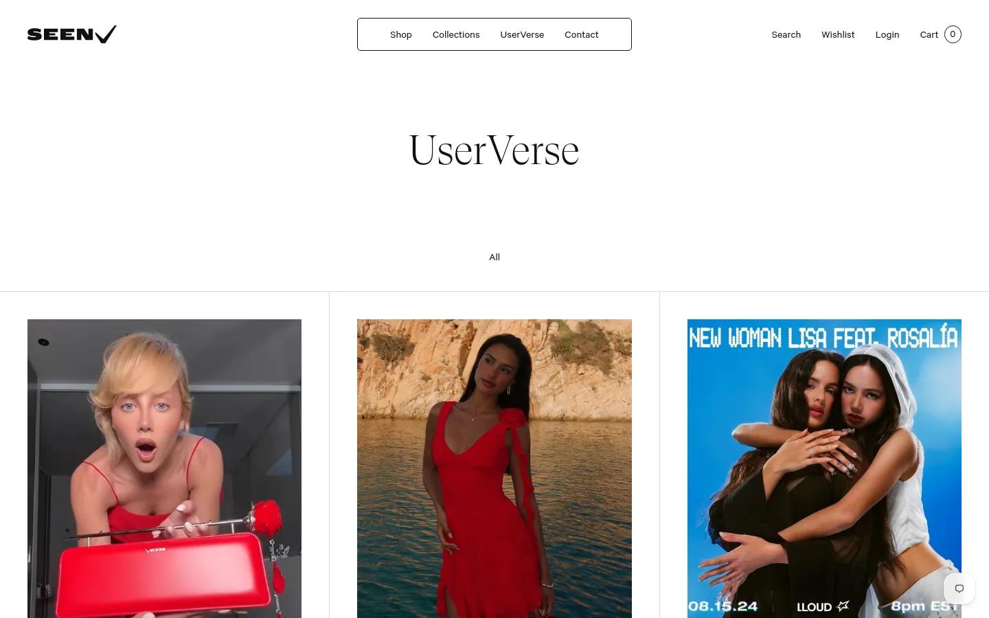 The UserVerse blog landing page features a minimalist white background with a large serif 'UserVerse' title. A grid of large, vertical editorial images showcases celebrity collaborations, each accompanied by a bold headline and date. The desktop navigation includes a centered menu with links for Shop, Collections, UserVerse, and Contact, alongside search and account icons.