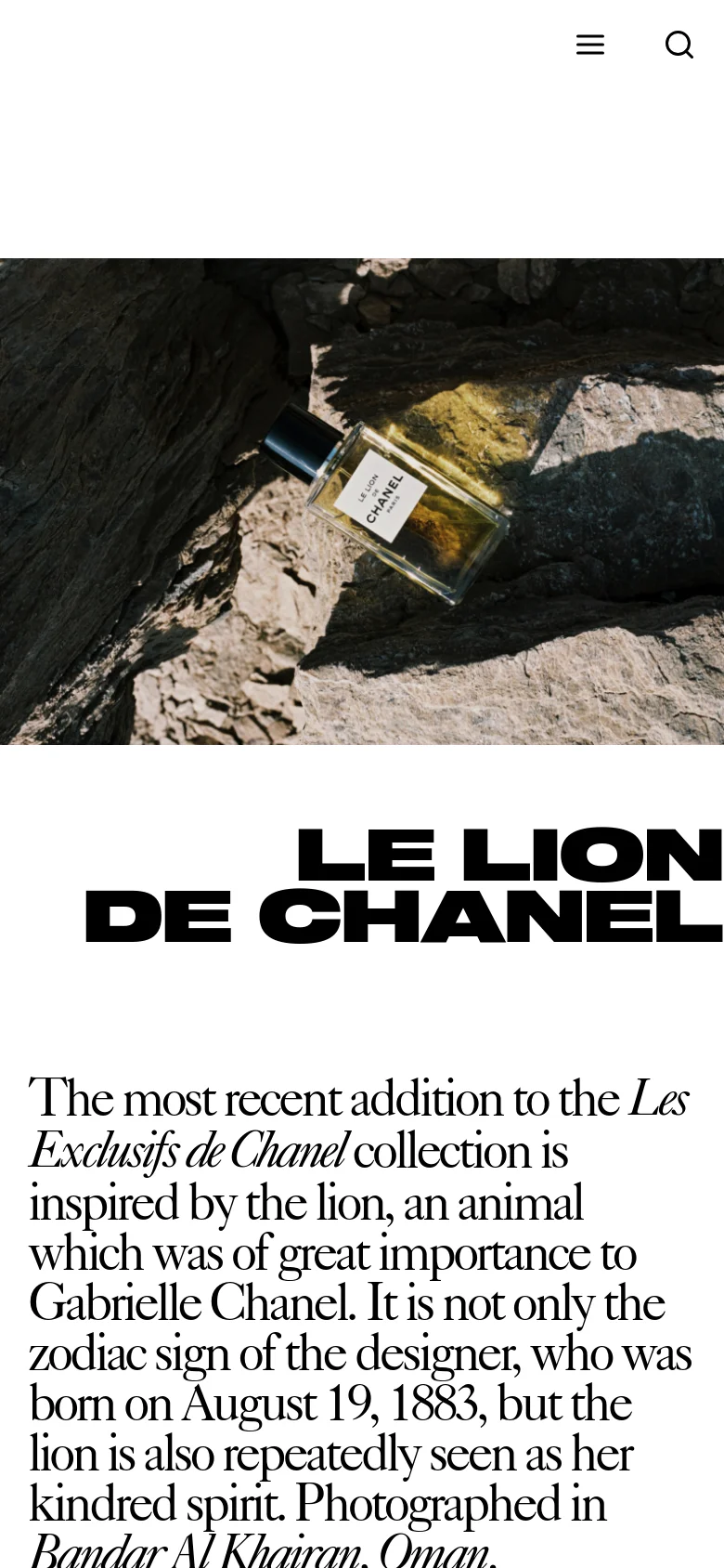 The mobile version maintains the minimalist aesthetic but uses a condensed layout with a hamburger menu and search icon at the top. The hero image of the Chanel perfume on rocks remains the central focus, with the large headline and text content stacked vertically for easier scrolling on a smaller screen.
