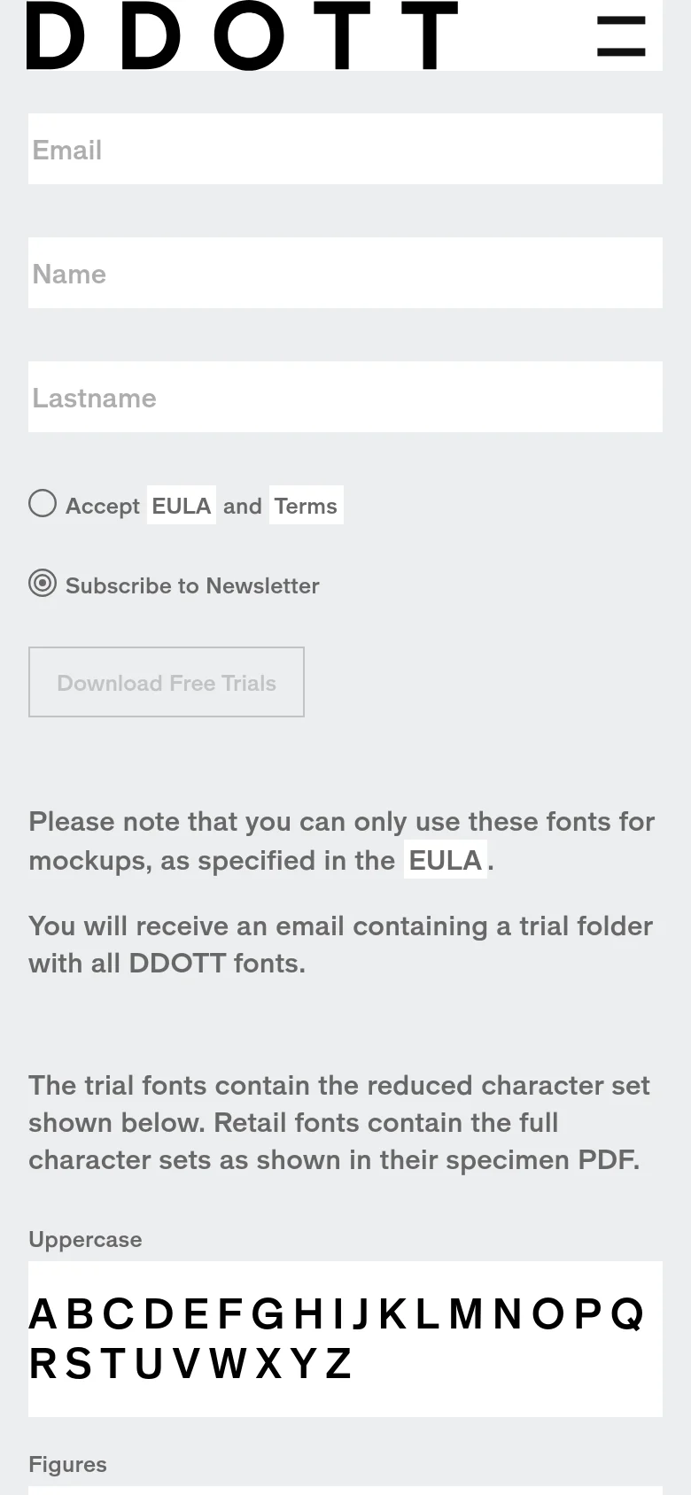 The mobile version maintains the minimalist white and black aesthetic but uses a single-column layout. The input fields for Email, Name, and Lastname are stacked vertically, and the character set specimens are presented in narrower, full-width rows to fit the vertical screen orientation.