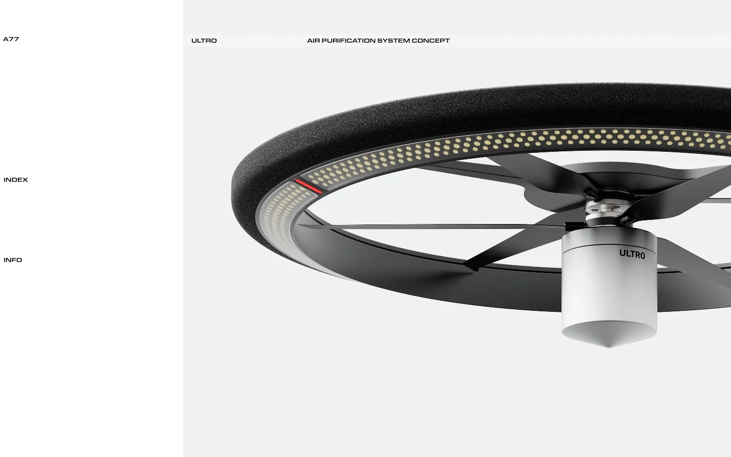 The desktop homepage for industrial designer Albert Rakhimzhanov features a minimalist white layout with a vertical scroll of large, high-quality project images. Navigation links like 'INDEX' and 'INFO' are positioned on the left, while project titles and descriptions appear in clean black typography alongside the imagery.