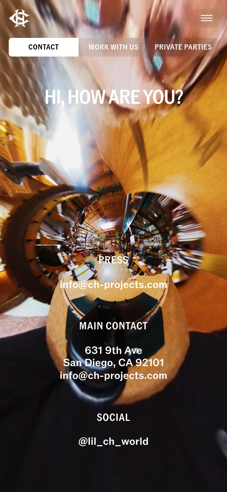 The mobile version presents a vertically stacked layout with the distorted hero image and 'HI, HOW ARE YOU?' headline at the top. Navigation links are condensed into a hamburger menu and a prominent segmented button bar. Contact details for Press, Main Contact, and Social are listed vertically in a single column.