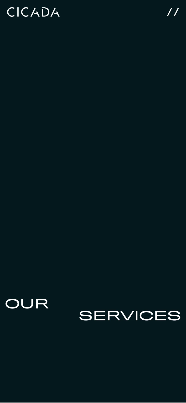 The mobile version maintains the dark minimalist aesthetic and white typography but stacks the text vertically. The words 'OUR' and 'SERVICES' are centered more closely together in the lower half of the screen to accommodate the narrower viewport.