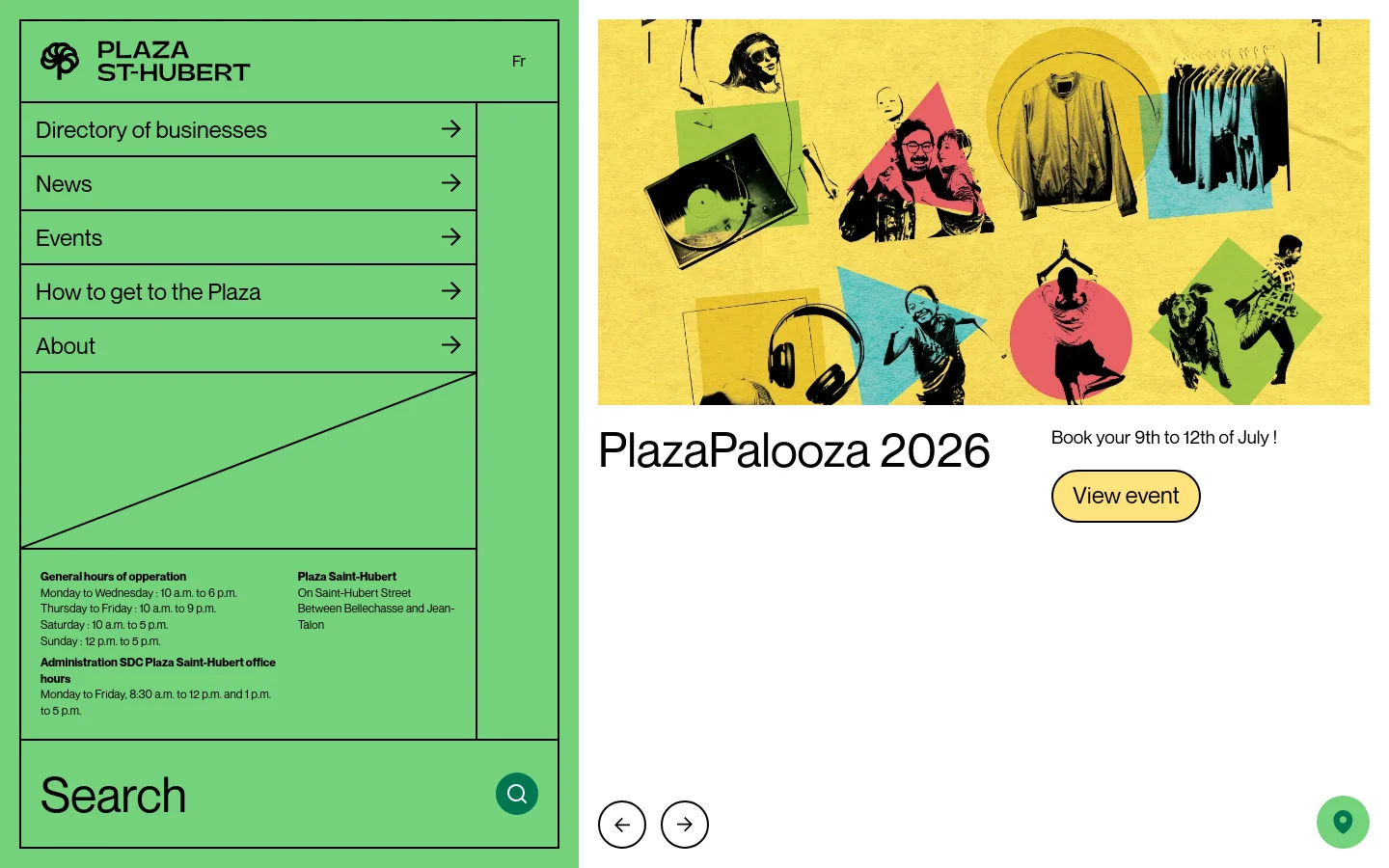 The desktop homepage features a green sidebar on the left containing the logo, navigation links, and operating hours. The main content area on the right displays a large, colorful graphic for 'PlazaPalooza 2026' on a yellow background, accompanied by a headline and a 'View event' call-to-action button.