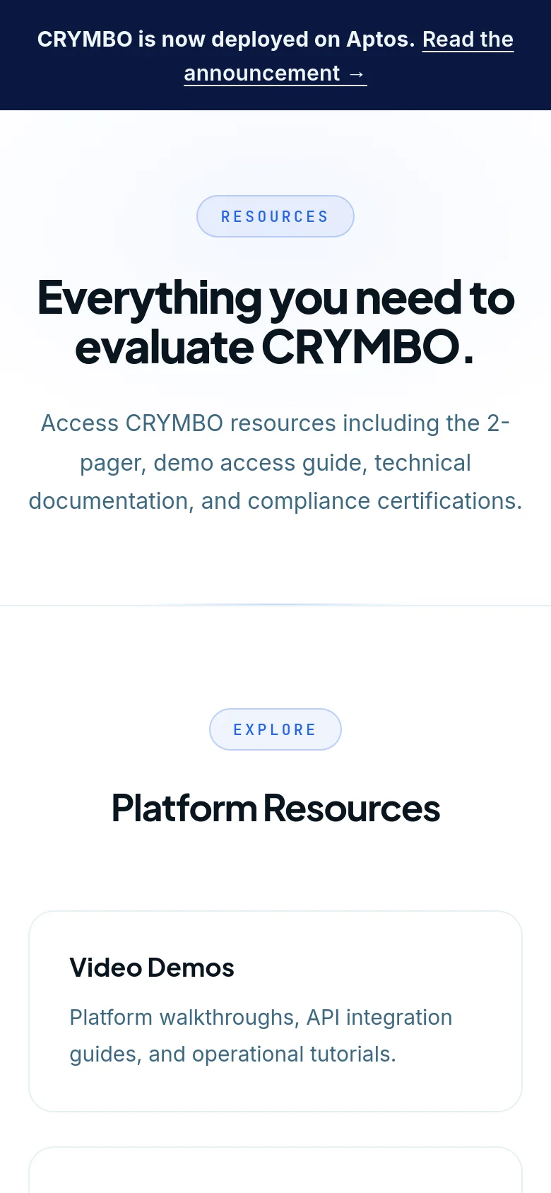 The mobile version maintains the white and dark blue color scheme but transitions to a vertical layout. The hero text and description are centered, and the 'Platform Resources' cards are stacked vertically rather than in a row to fit the narrow screen width.