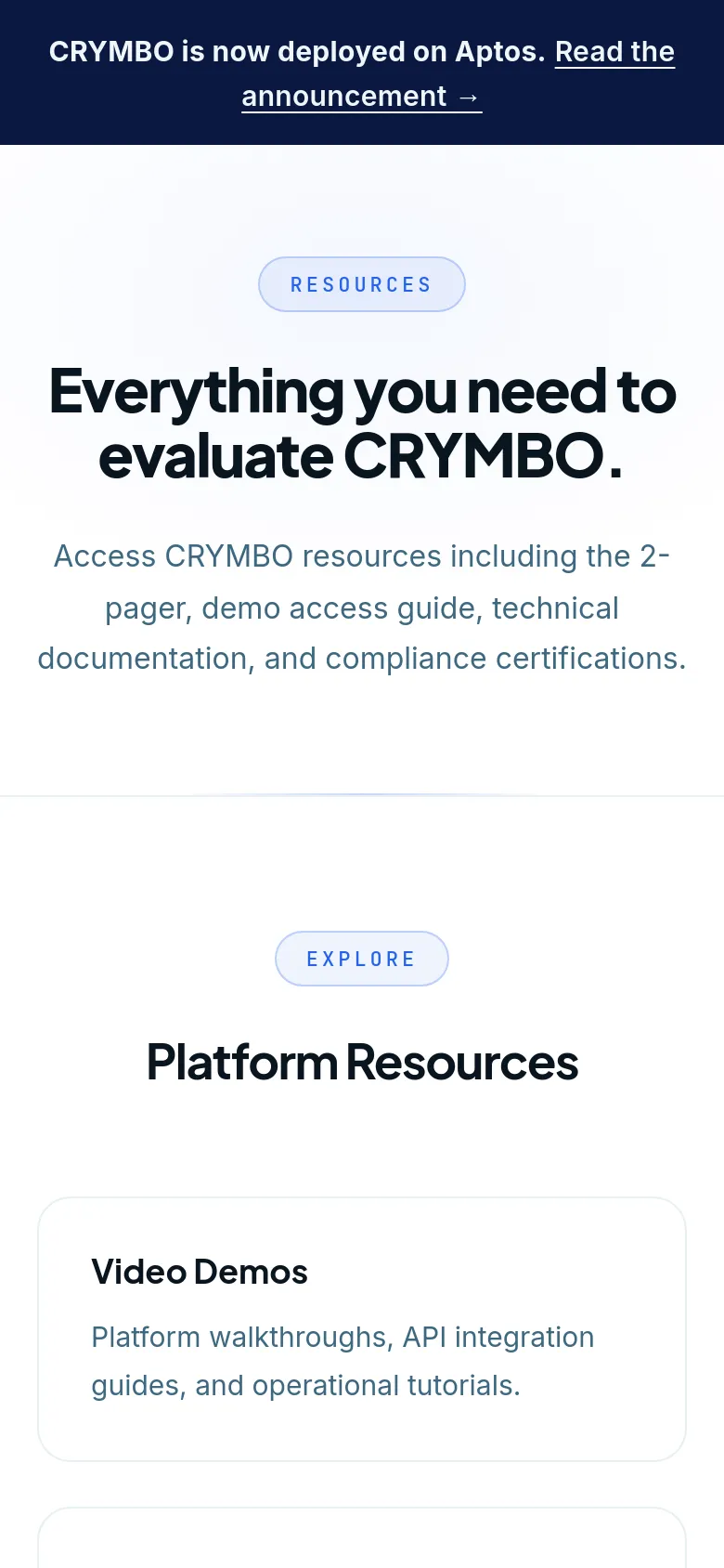The mobile version maintains the white and dark blue color scheme but transitions to a vertical layout. The hero text and description are centered, and the 'Platform Resources' cards are stacked vertically rather than in a row to fit the narrow screen width.