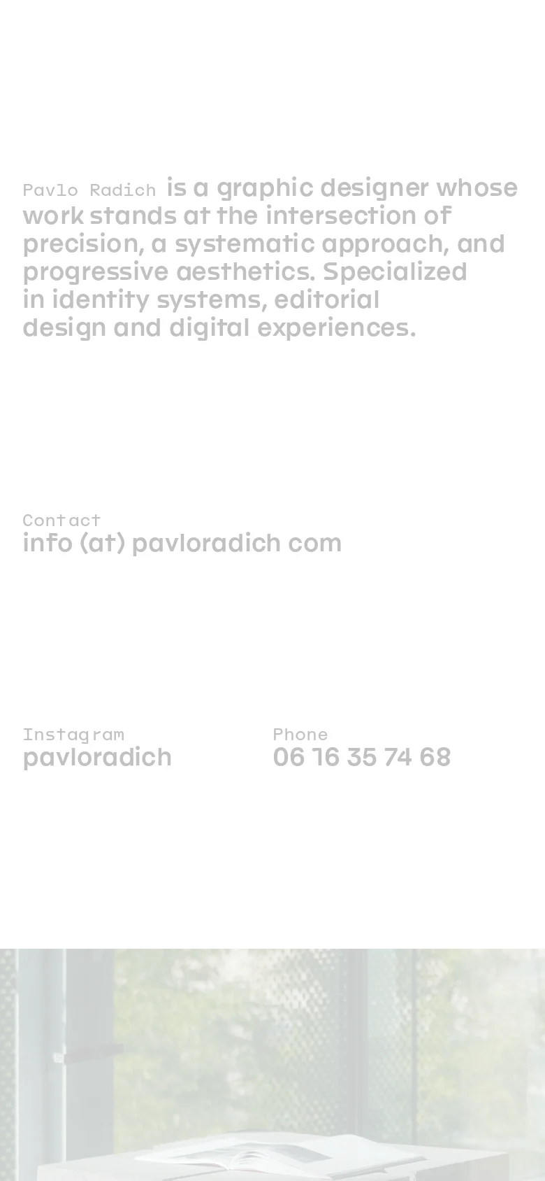 The mobile version presents a single-column vertical layout, stacking the introductory text, contact details, and portfolio images for easy scrolling. The font sizes are adjusted for readability on a smaller screen, and the image grid transitions from multiple columns to a simplified vertical stack.