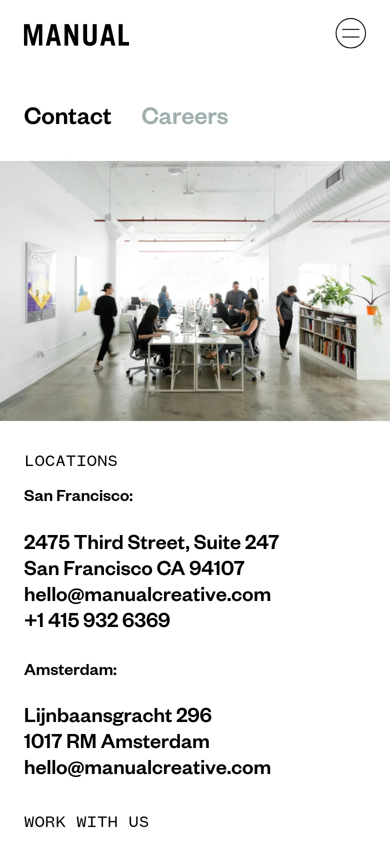 The mobile version presents a vertically stacked layout, starting with the 'MANUAL' logo and a hamburger menu icon. The office hero image spans the width of the screen, followed by the 'Contact' and 'Careers' navigation links. Contact details for both office locations are listed sequentially below the image in a single-column format for easy scrolling.