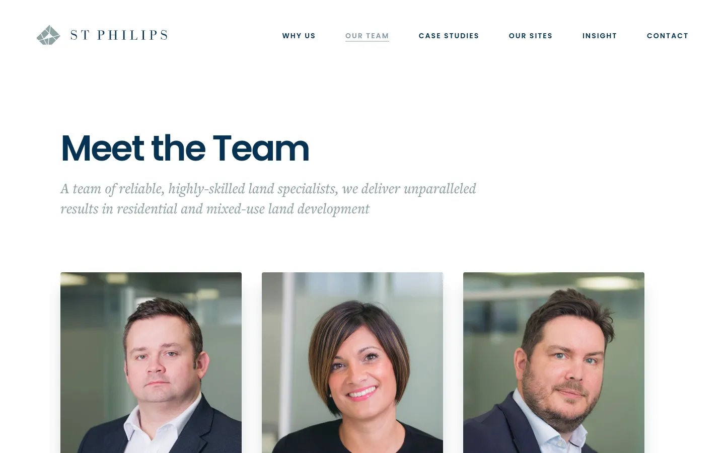 The desktop page features a clean white background with a navigation menu at the top and a large 'Meet the Team' headline. Below the headline, a grid of professional headshots displays individual team members along with their names and job titles. The layout is spacious and organized, using dark blue text for headings.