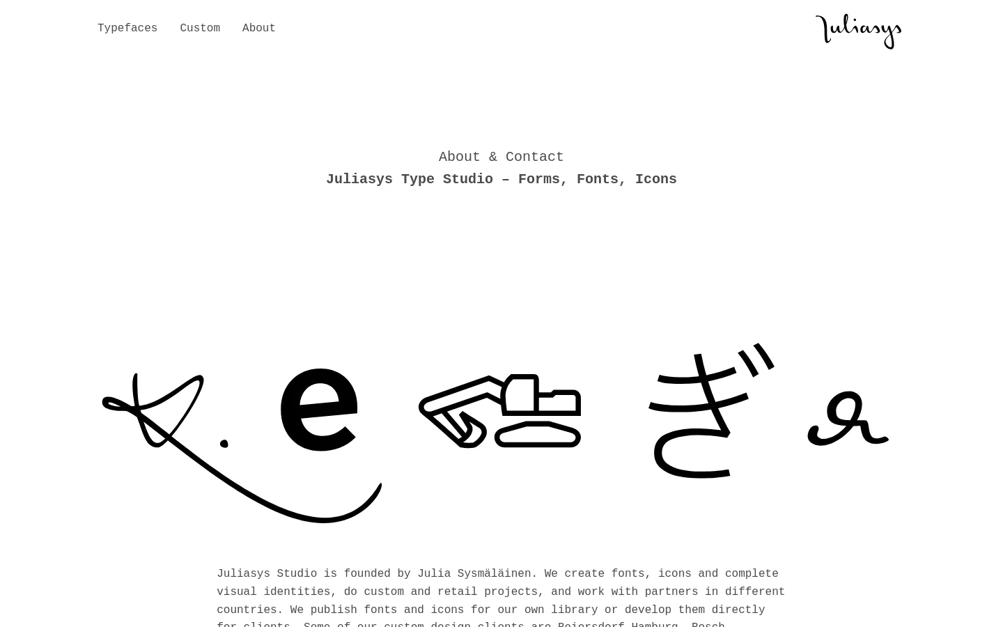 The About page features a minimalist white layout with black text and a logo in a script font. A large hero graphic displays various black typographic symbols and characters, followed by a detailed text section describing the studio's services and founder. The desktop navigation is a simple horizontal menu at the top left.